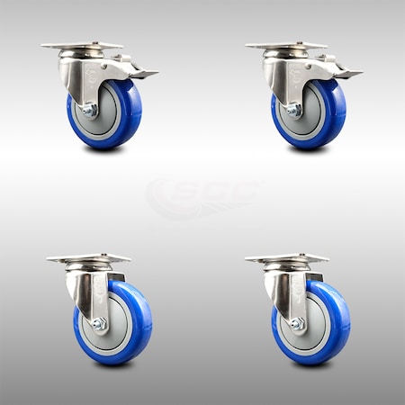 Service Caster 4 Inch 316SS Blue Polyurethane Wheel Swivel Top Plate Caster Lock Brakes, 2PK SCC-SS316TTL20S414-PPUB-BLUE-2-S-2